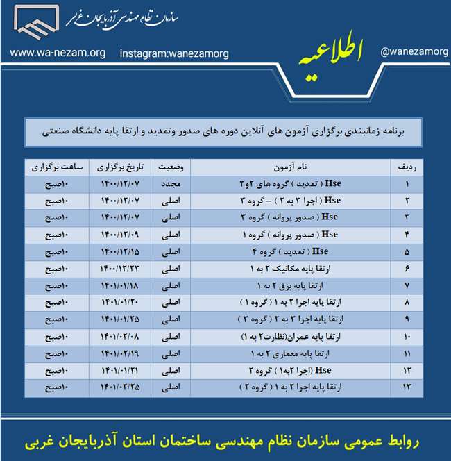 برنامه زمانبندی برگزاری آزمون های آنلاین دوره های صدور و تمد...