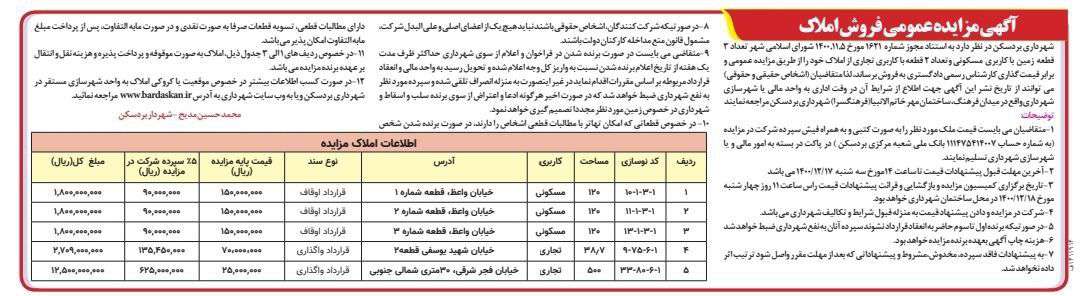 آگهی مزایده عمومی فروش املاک