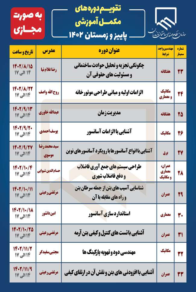 تقویم دوره‌های مکمل آموزشی پاییز و زمستان ۱۴۰۲